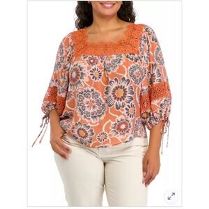 Zac & Rachel Size 3X Terracotta Orange Floral 3/4 Sleeve Crochet Trim Shirt